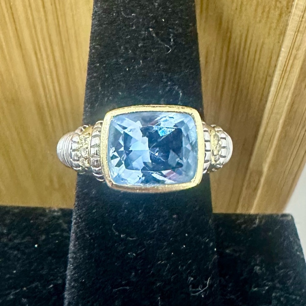 JUDITH RIPKA Couture JR TWO Aquamarine Diamond Sterling Silver 18K Gold Ring 6.5